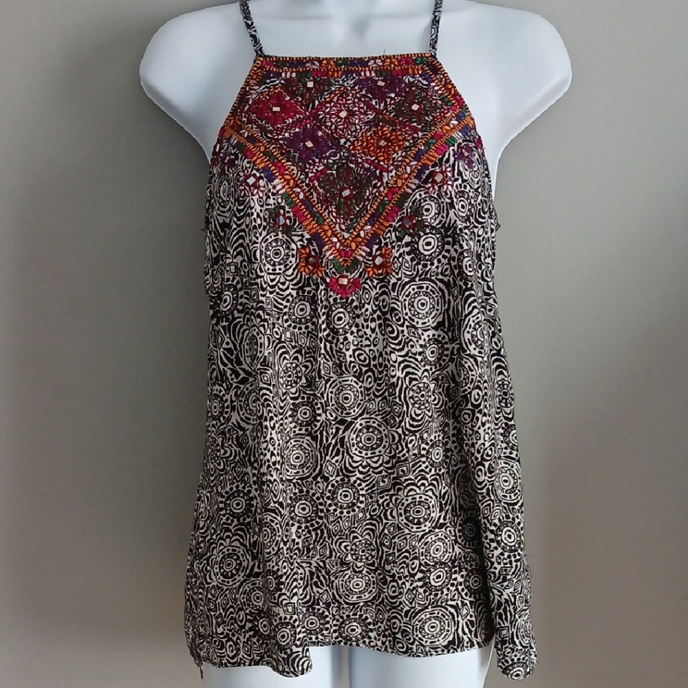 Anthropology Embroidered Halter Neck Top- Black and Multicolor Staring At stars